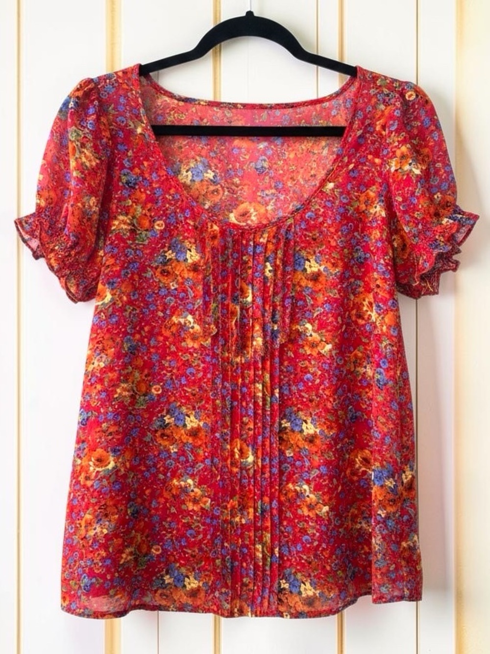 Vintage Forever 21 Floral Pintuck Boho Cottagecore Red Orange Blouse Size S/M